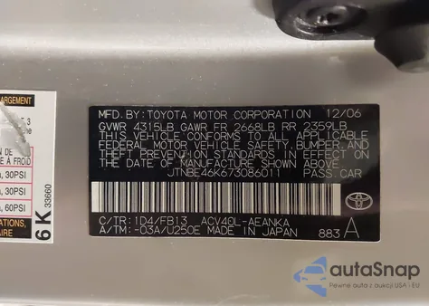 2007 Toyota Camry Le from USA, damaged, VIN JTNBE46K673086011